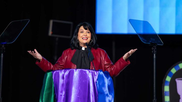 Bishop Shelton speaking on stage at General Conference 2024