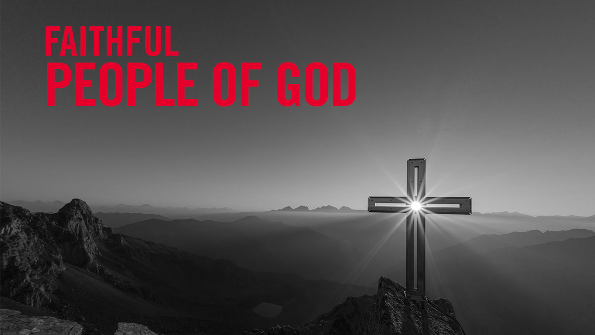 Faithful People of God with a cross on a mountain