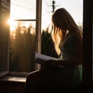 girl reading in window