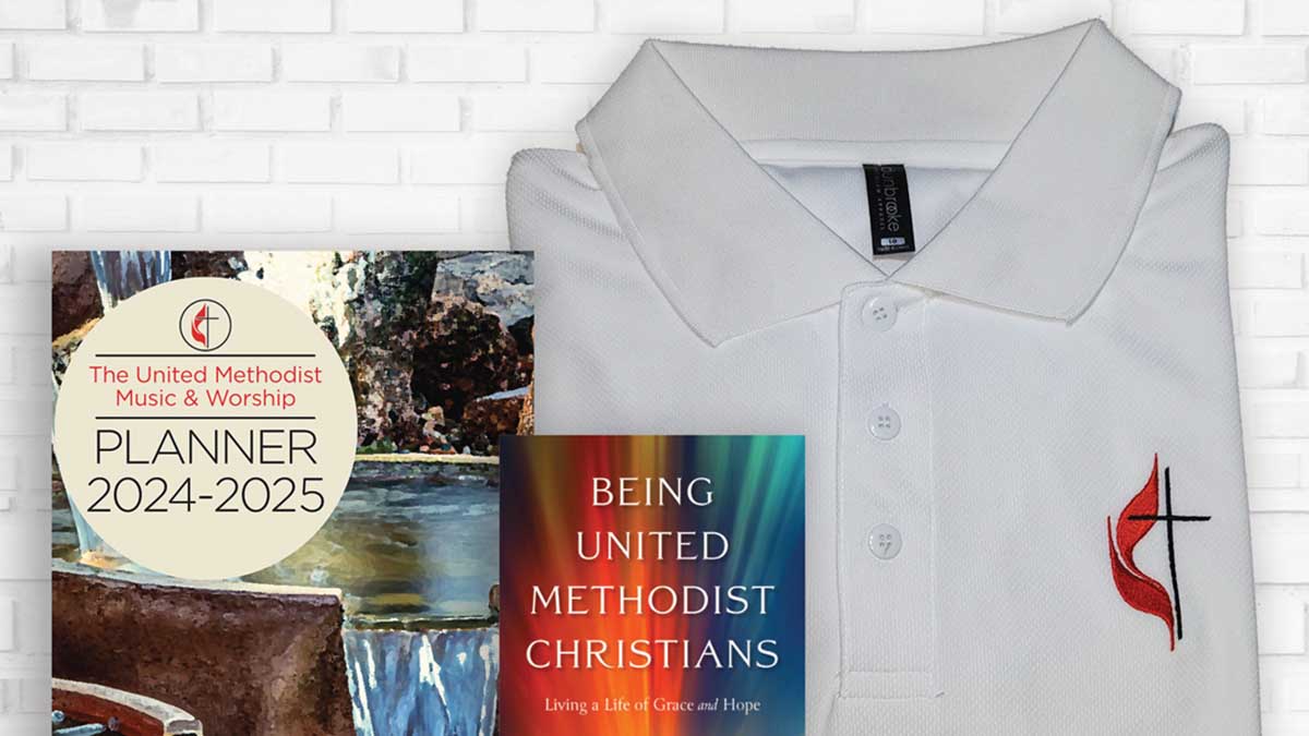 Worship planner, book, shirt with United Methodist logo